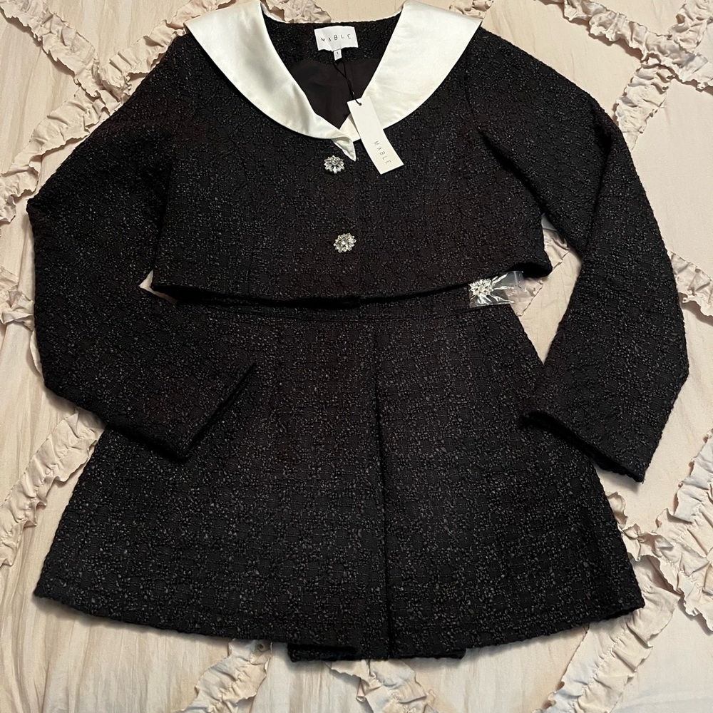 Mable Anthropologie NWT Elegant Black Mini Skirt LS Jacket Cream Collar Size S